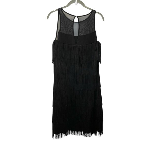 WHITE HOUSE BLACK‎ MARKET Fringe Flapper Tiered Dress Black Solid Sleeveless S - Picture 2 of 7
